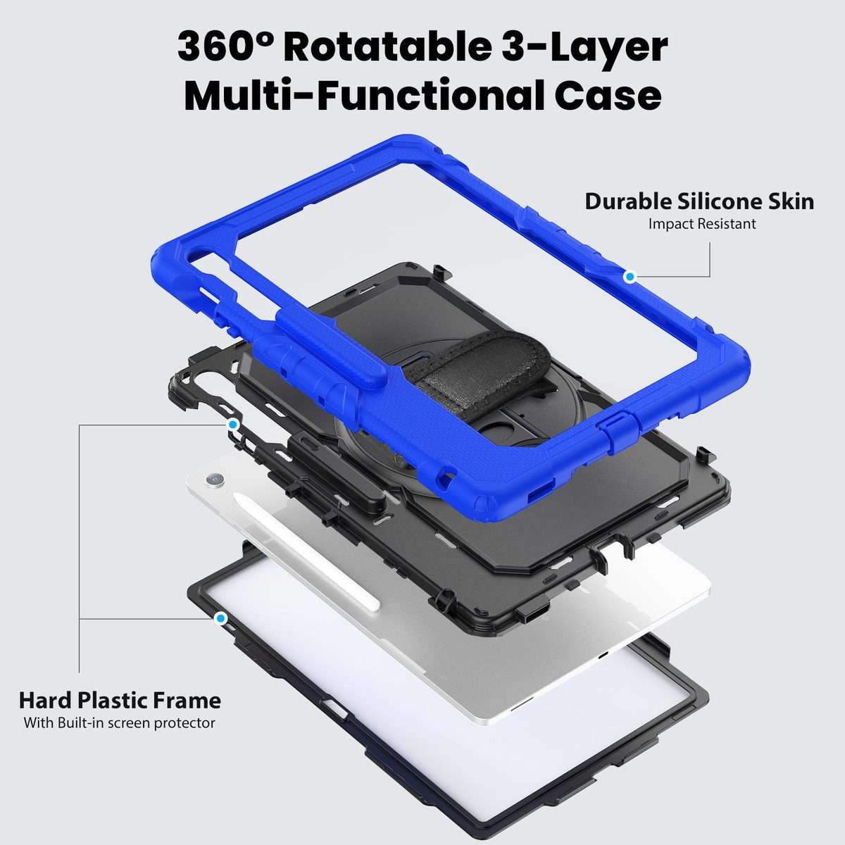 For Samsung Galaxy Tab S10 FE+ Lucky Wheel Grip Silicone Hybrid PC Tablet Ca ... (Black+Dark Blue)