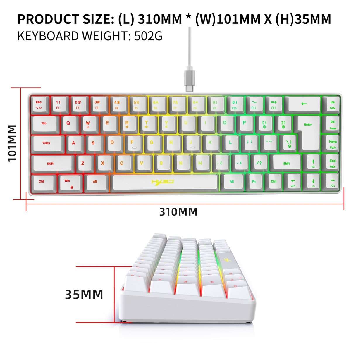 HXSJ V200 Wired RGB Backlit Mechanical Keyboard 68 Key Caps, Cable Length: 1.7m(White)
