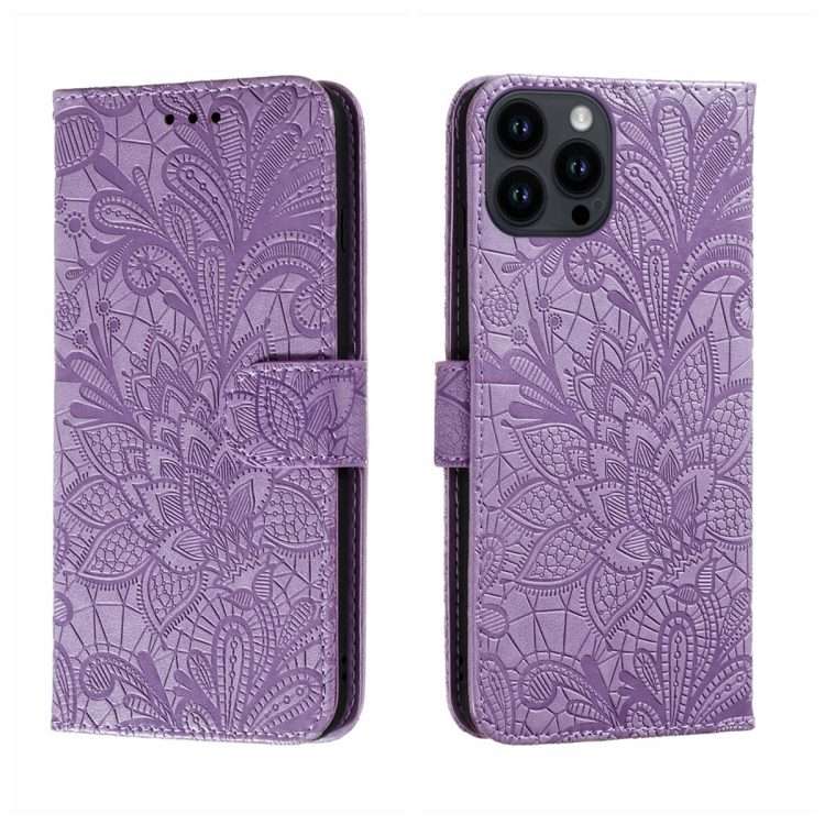 For iPhone 15 Pro Lace Flower Embossing Flip Leather Phone Case(Purple)