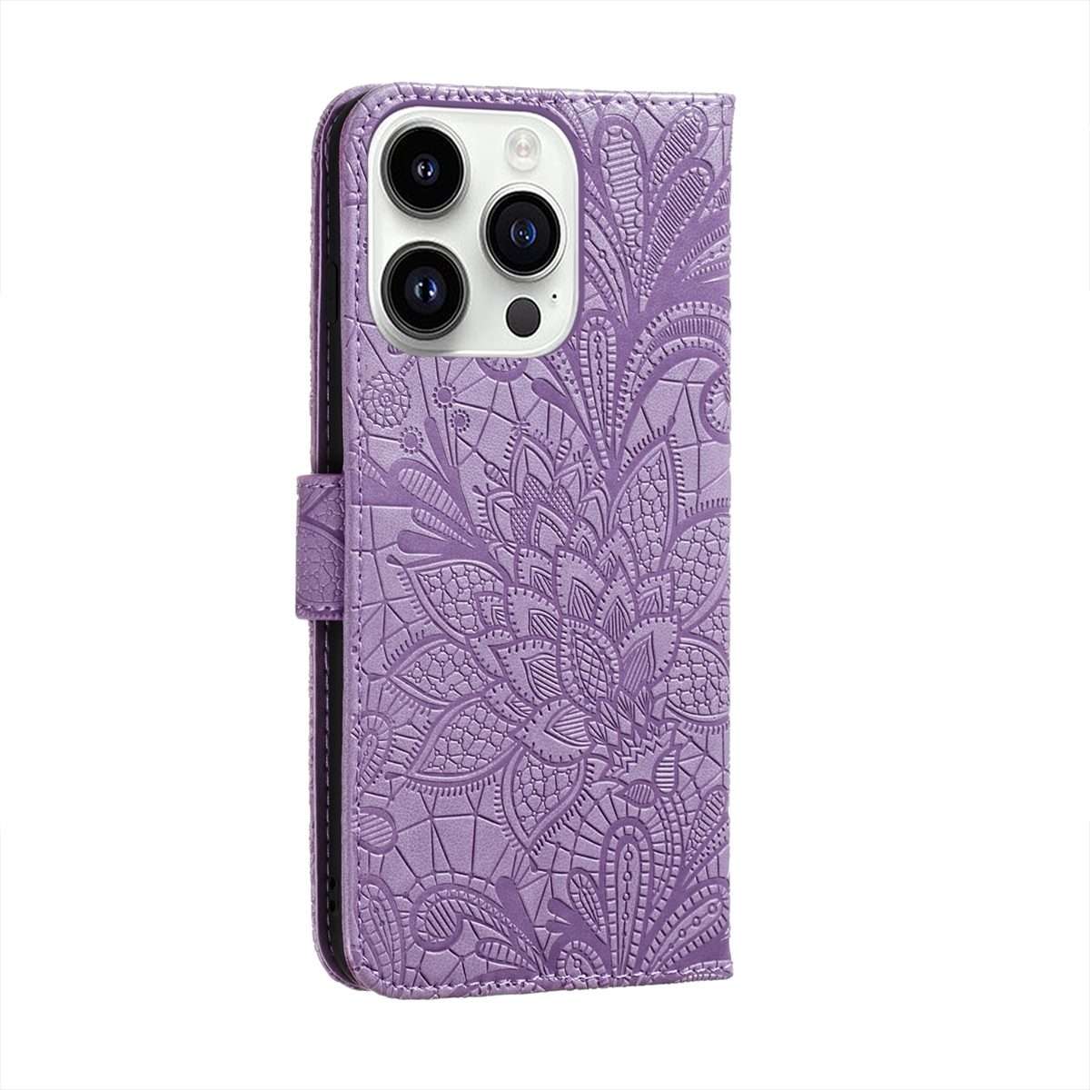 For iPhone 15 Pro Lace Flower Embossing Flip Leather Phone Case(Purple)