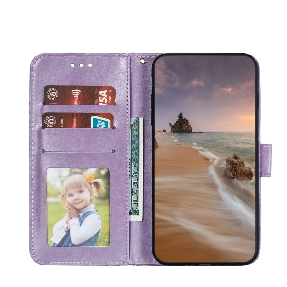 For iPhone 15 Pro Lace Flower Embossing Flip Leather Phone Case(Purple)