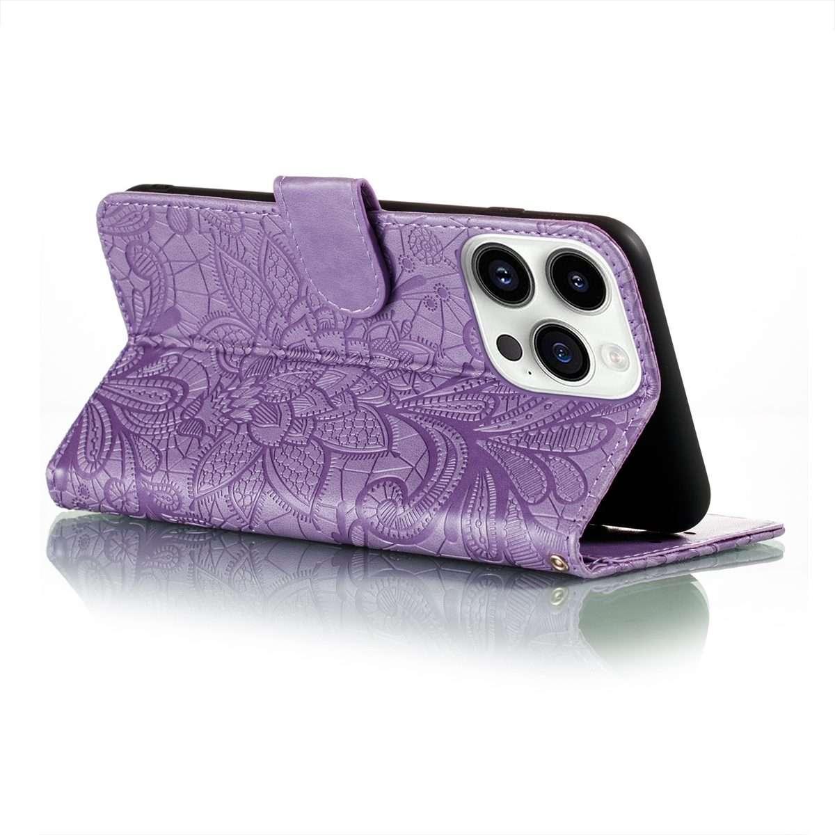 For iPhone 15 Pro Lace Flower Embossing Flip Leather Phone Case(Purple)