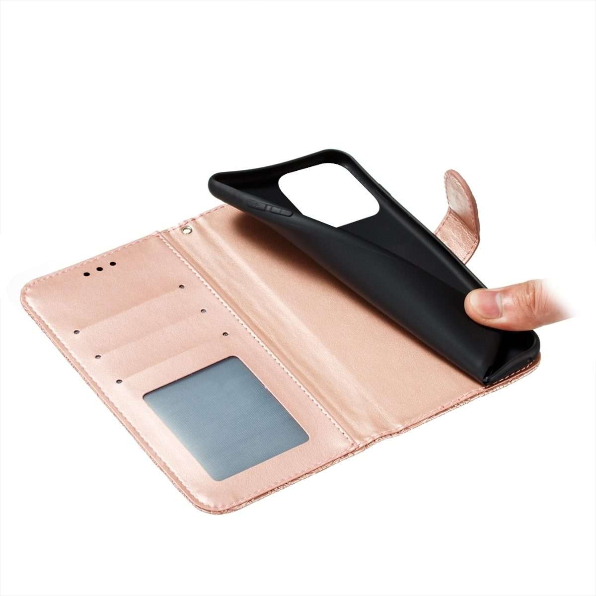 For iPhone 15 Pro Lace Flower Embossing Flip Leather Phone Case(Rose Gold)