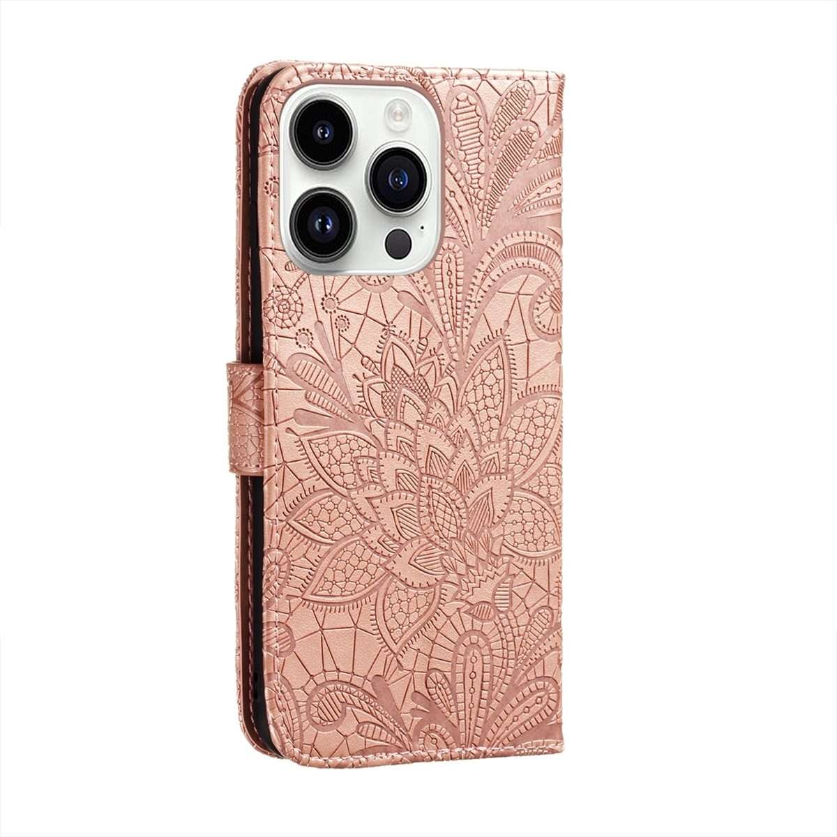 For iPhone 15 Pro Max Lace Flower Embossing Flip Leather Phone Case(Rose Gold)