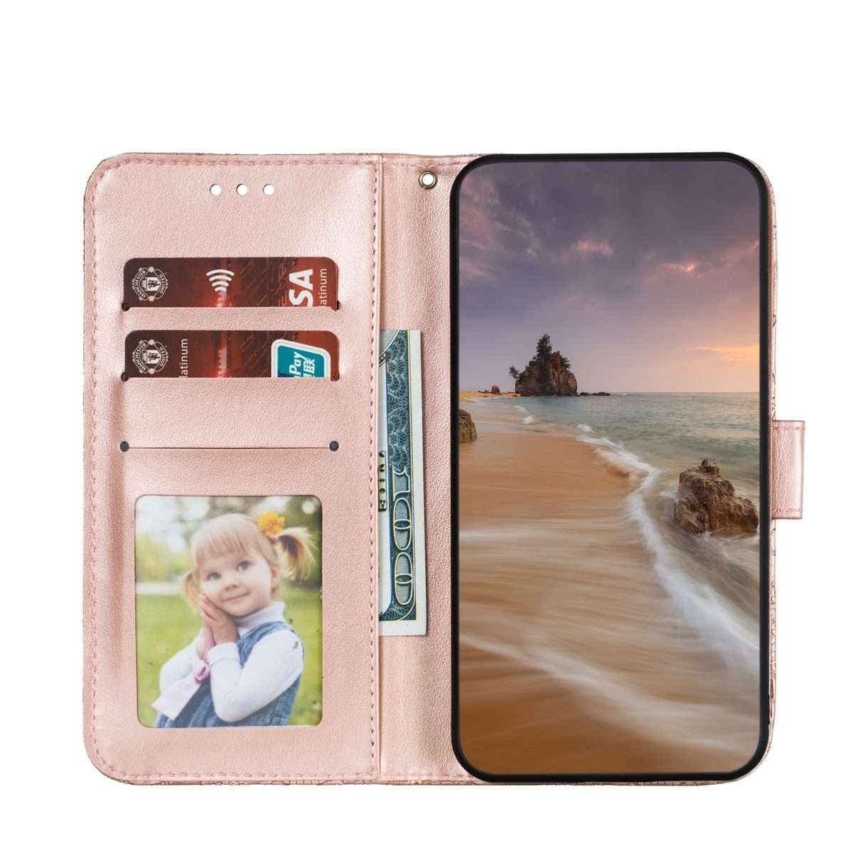 For iPhone 15 Pro Max Lace Flower Embossing Flip Leather Phone Case(Rose Gold)