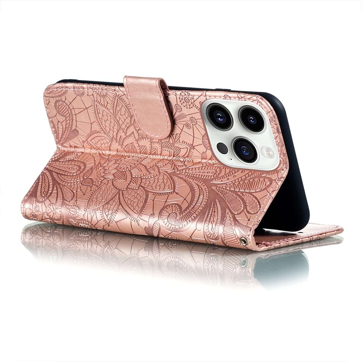 For iPhone 15 Pro Max Lace Flower Embossing Flip Leather Phone Case(Rose Gold)