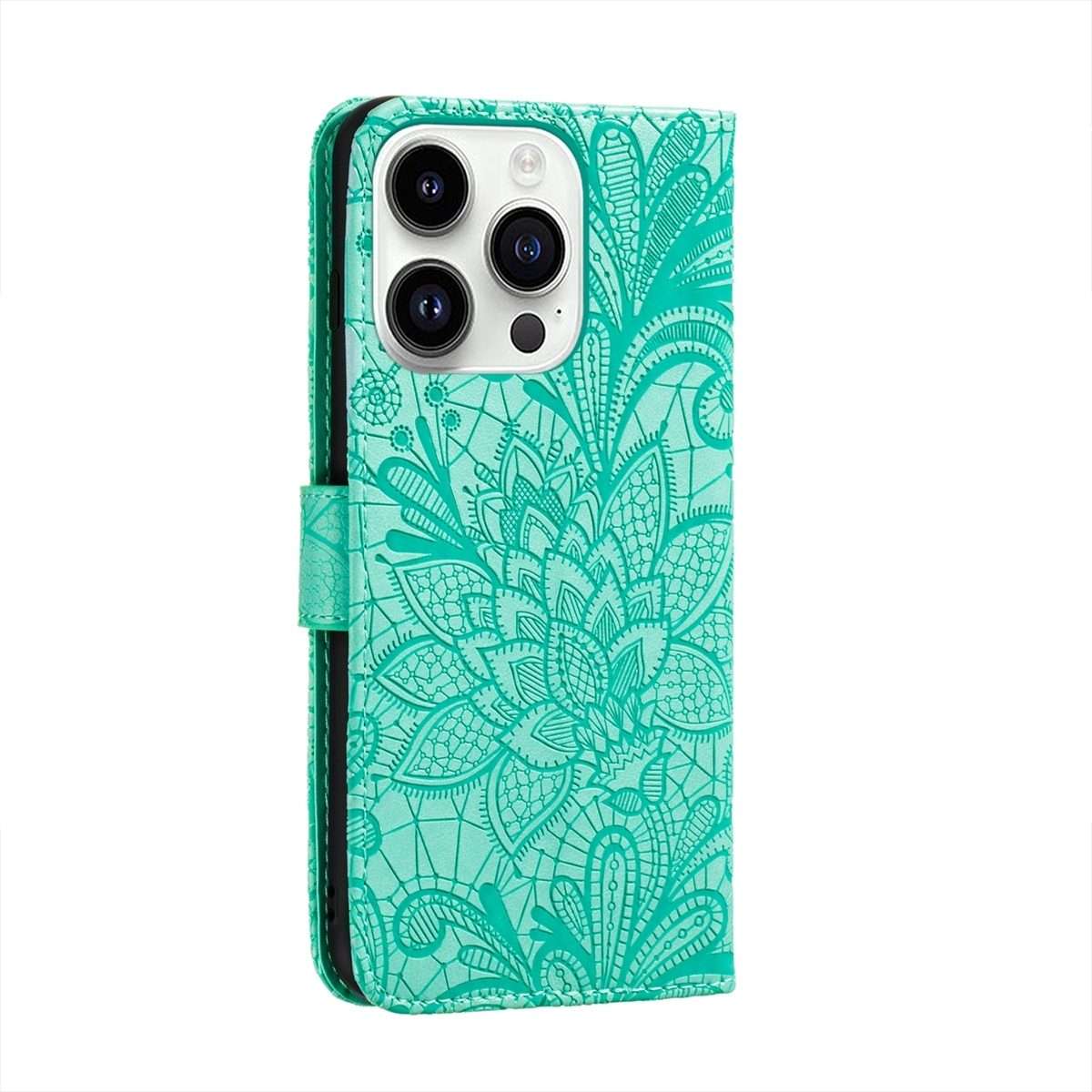 For iPhone 15 Pro Max Lace Flower Embossing Flip Leather Phone Case(Green)