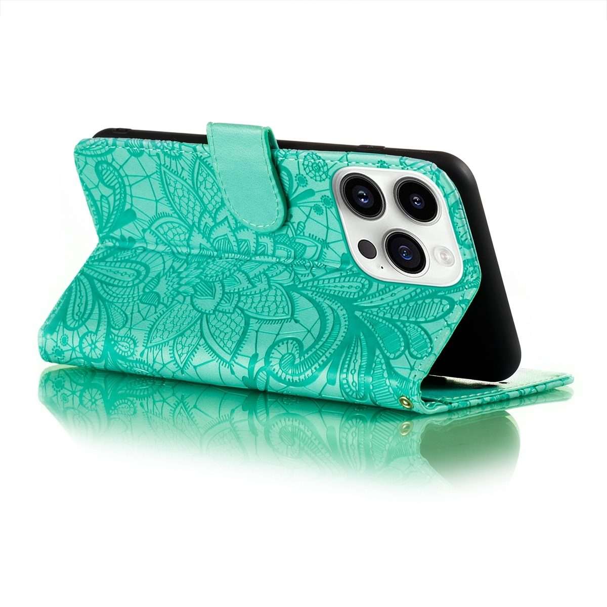 For iPhone 15 Pro Max Lace Flower Embossing Flip Leather Phone Case(Green)