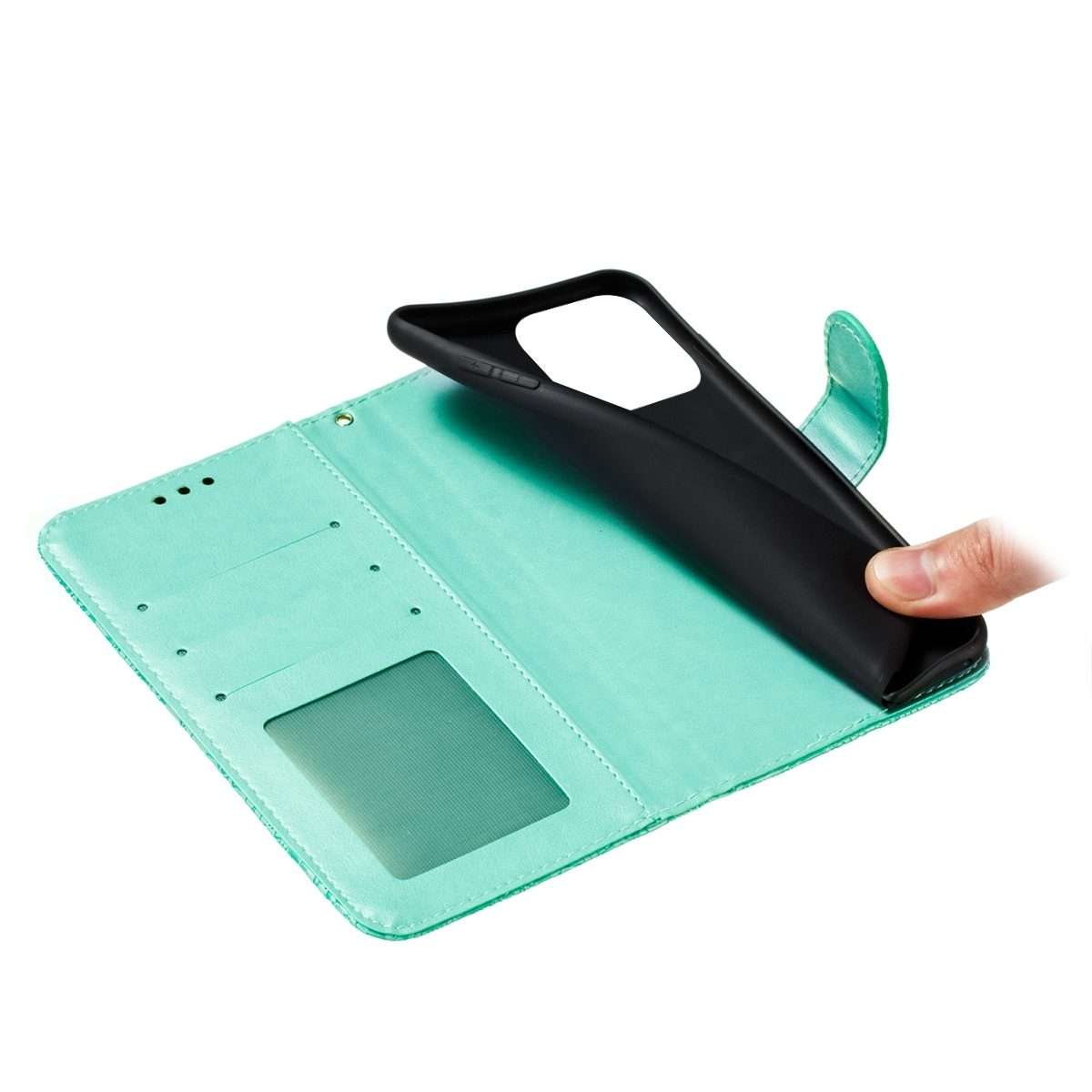 For iPhone 15 Pro Max Lace Flower Embossing Flip Leather Phone Case(Green)