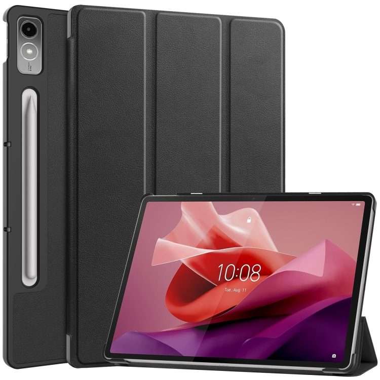 For Lenovo Tab P12/Xiaoxin Pad Pro 12.7 inch Custer Solid Color 3-Fold Stand Leather T ... (Black)