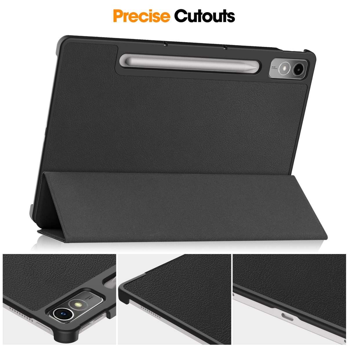 For Lenovo Tab P12/Xiaoxin Pad Pro 12.7 inch Custer Solid Color 3-Fold Stand Leather T ... (Black)