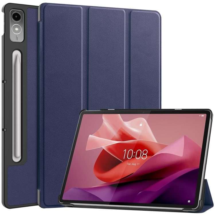 For Lenovo Tab P12/Xiaoxin Pad Pro 12.7 inch Custer Solid Color 3-Fold Stand Leath ... (Dark Blue)