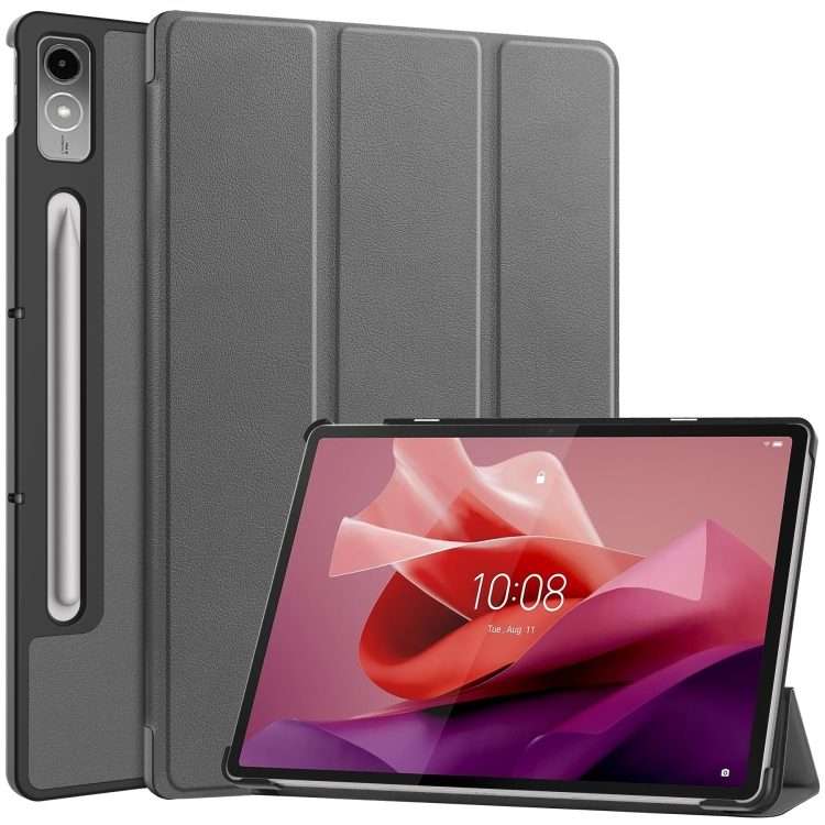 For Lenovo Tab P12/Xiaoxin Pad Pro 12.7 inch Custer Solid Color 3-Fold Stand Leather Ta ... (Grey)
