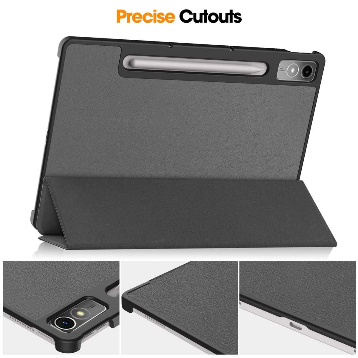 For Lenovo Tab P12/Xiaoxin Pad Pro 12.7 inch Custer Solid Color 3-Fold Stand Leather Ta ... (Grey)