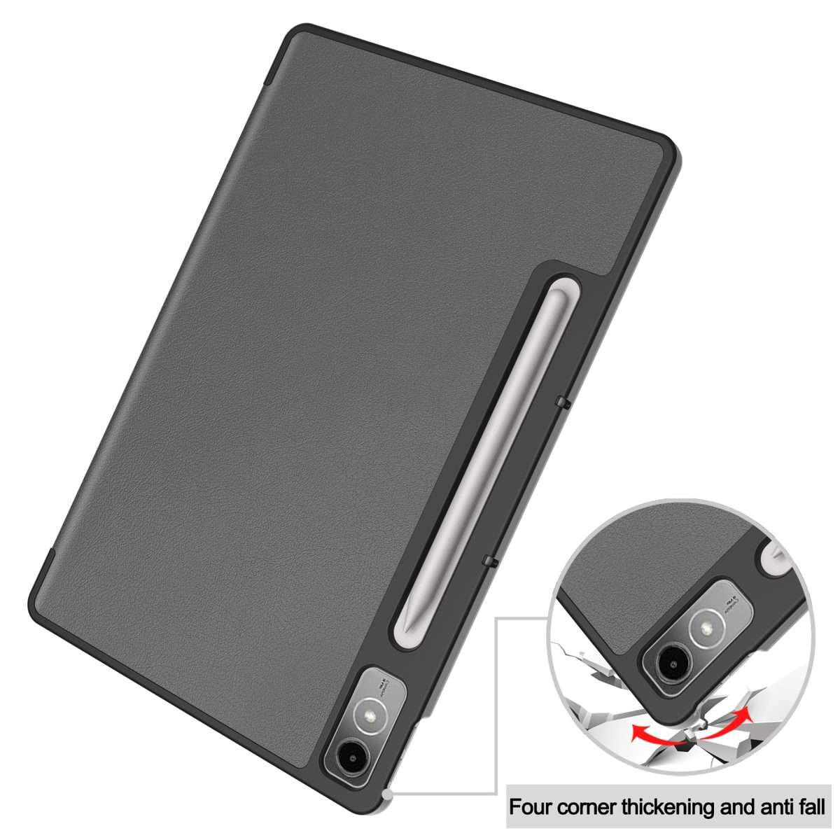 For Lenovo Tab P12/Xiaoxin Pad Pro 12.7 inch Custer Solid Color 3-Fold Stand Leather Ta ... (Grey)