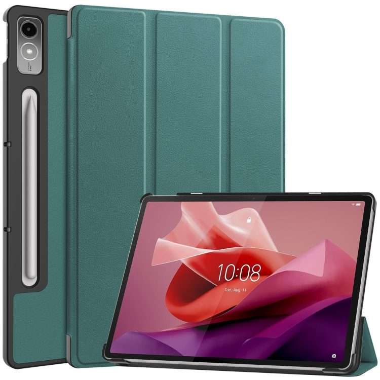 For Lenovo Tab P12/Xiaoxin Pad Pro 12.7 inch Custer Solid Color 3-Fold Stand Leat ... (Dark Green)