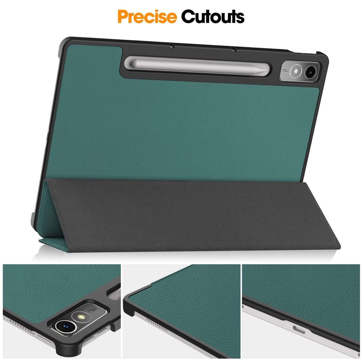 For Lenovo Tab P12/Xiaoxin Pad Pro 12.7 inch Custer Solid Color 3-Fold Stand Leat ... (Dark Green)