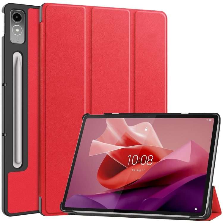 For Lenovo Tab P12/Xiaoxin Pad Pro 12.7 inch Custer Solid Color 3-Fold Stand Leather Tab ... (Red)