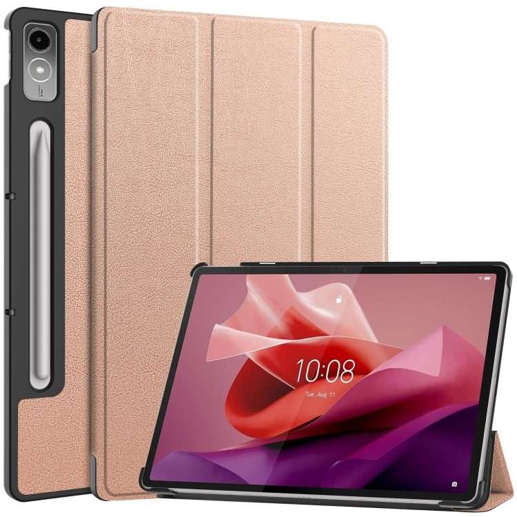 For Lenovo Tab P12/Xiaoxin Pad Pro 12.7 inch Custer Solid Color 3-Fold Stand Leath ... (Rose Gold)