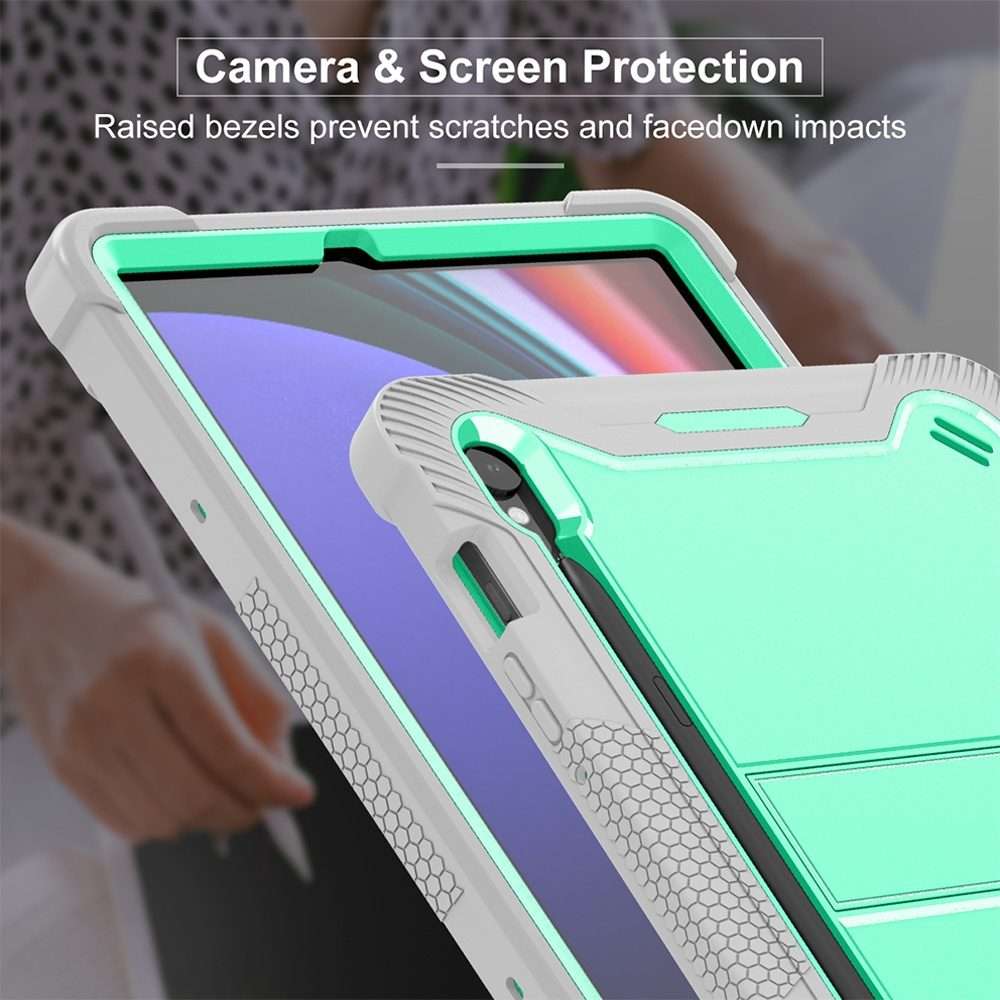 For Samsung Galaxy Tab S9 Shockproof Silicone Hybrid PC Tablet Case with Holder(Mint Green + Grey)
