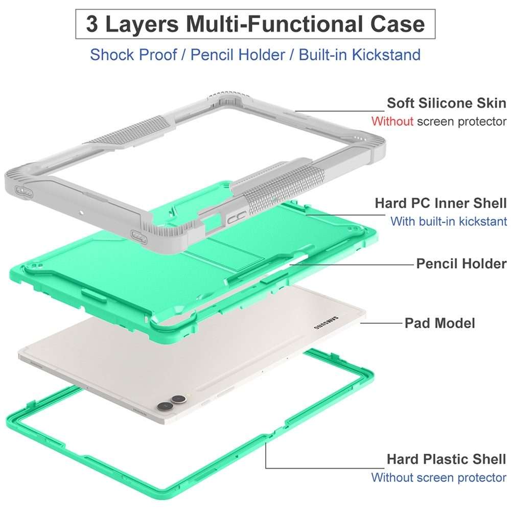 For Samsung Galaxy Tab S9+ Shockproof Silicone Hybrid PC Tablet Case with ... (Mint Green + Grey)