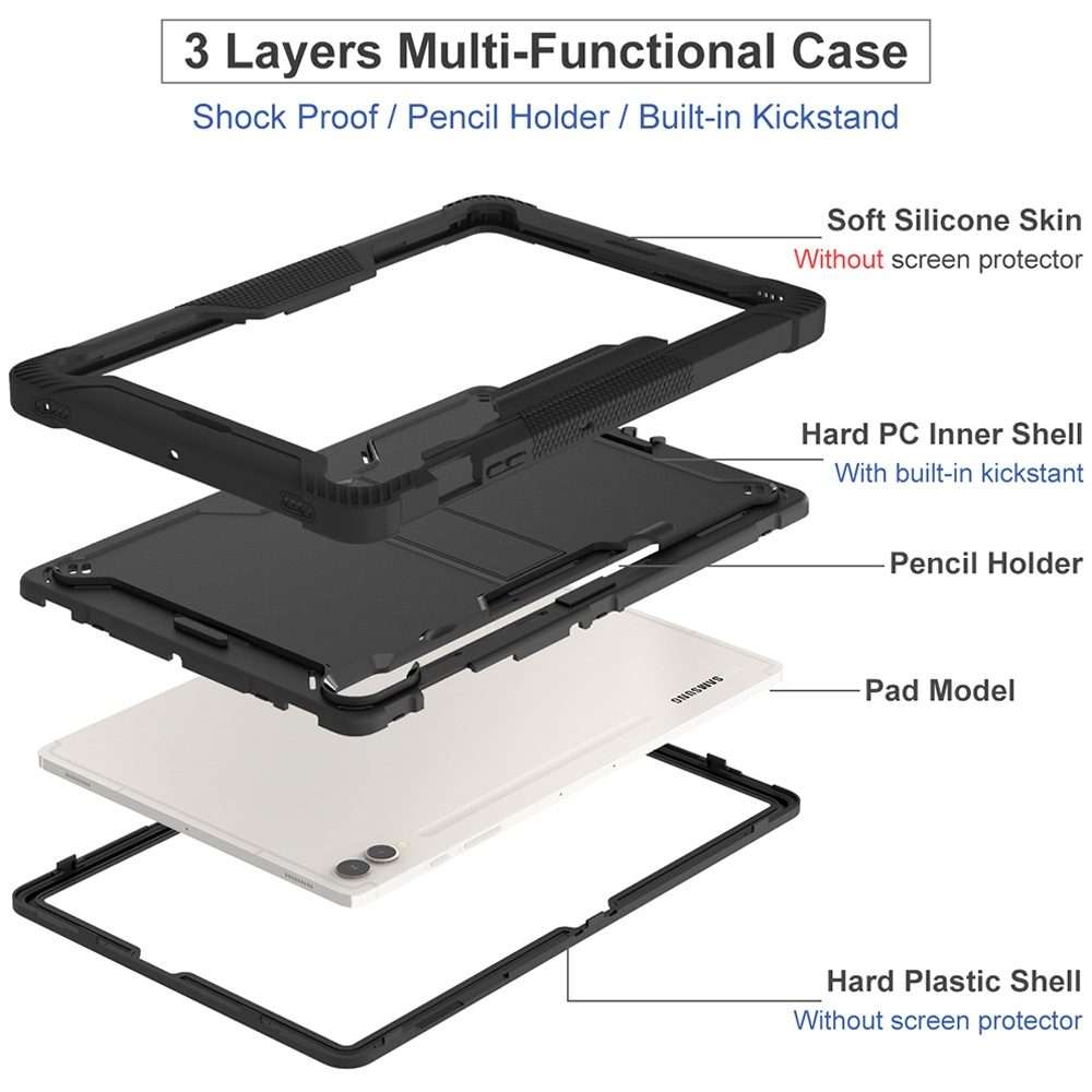 For Samsung Galaxy Tab S9+ Shockproof Silicone Hybrid PC Tablet Case with Holder(Black)