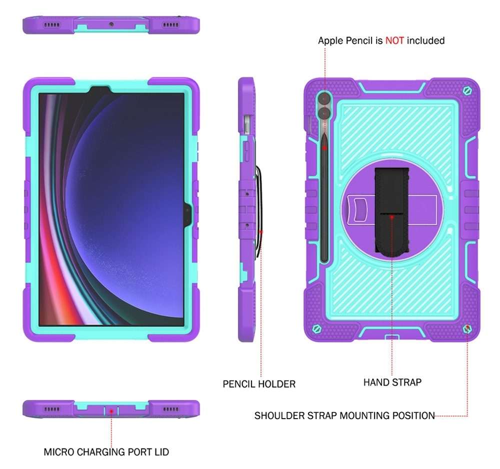 For Samsung Galaxy Tab S9+ 360 Degree Rotation PC Contrast Silicone Tabl ... (Purple + Mint Green)