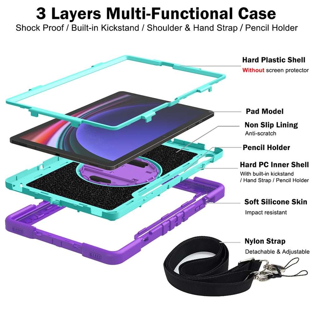 For Samsung Galaxy Tab S9+ 360 Degree Rotation PC Contrast Silicone Tabl ... (Purple + Mint Green)