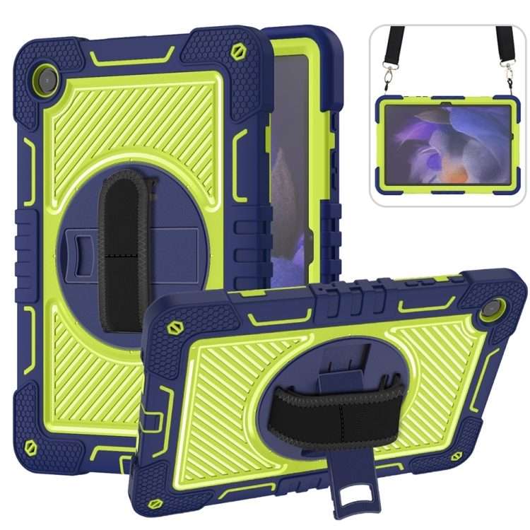 For Samsung Galaxy Tab A9+ 360 Degree Rotation PC Contrast Silicone ... (Navy Blue + Yellow Green)