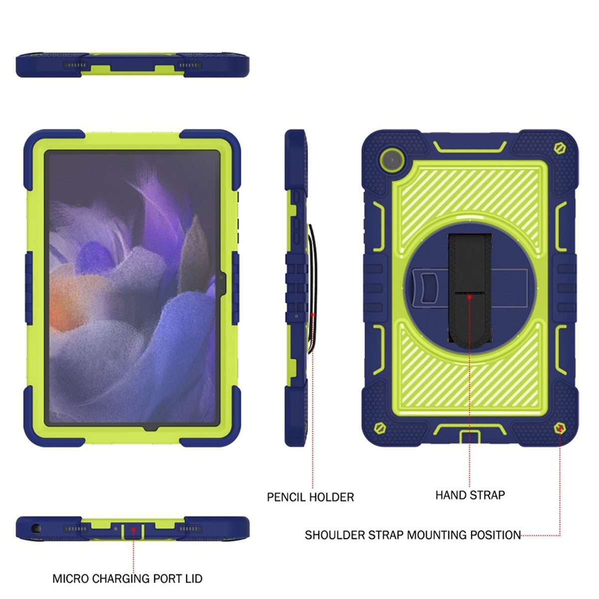 For Samsung Galaxy Tab A9+ 360 Degree Rotation PC Contrast Silicone ... (Navy Blue + Yellow Green)