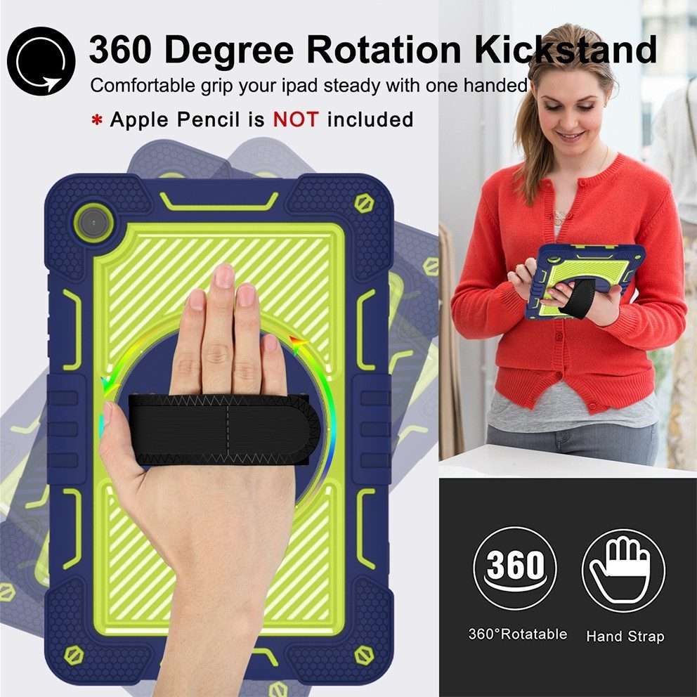 For Samsung Galaxy Tab A9+ 360 Degree Rotation PC Contrast Silicone ... (Navy Blue + Yellow Green)