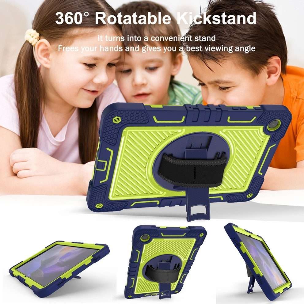 For Samsung Galaxy Tab A9+ 360 Degree Rotation PC Contrast Silicone ... (Navy Blue + Yellow Green)