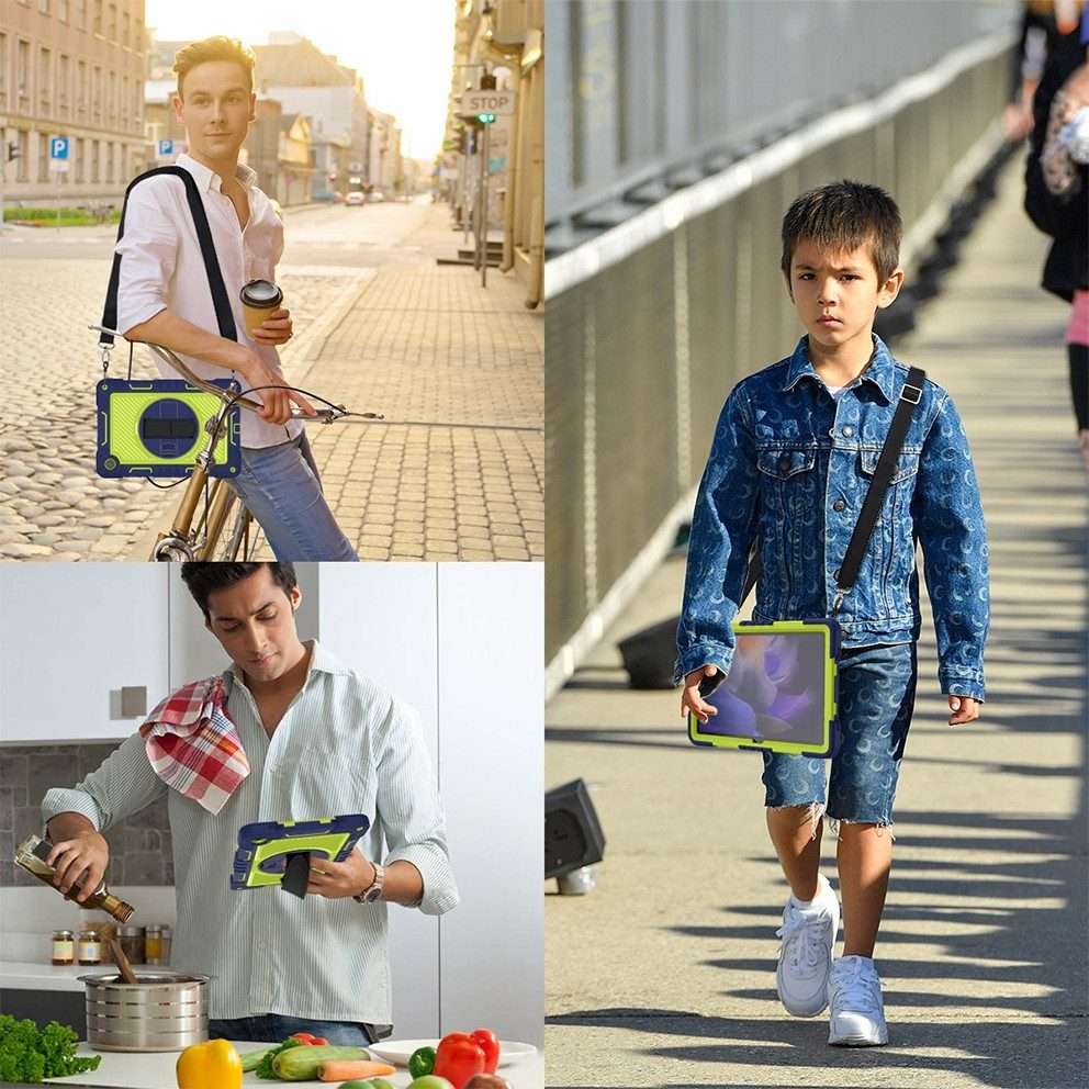 For Samsung Galaxy Tab A9+ 360 Degree Rotation PC Contrast Silicone ... (Navy Blue + Yellow Green)