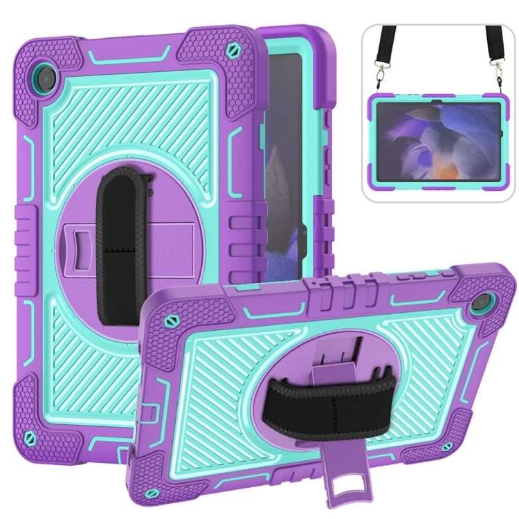 For Samsung Galaxy Tab A9+ 360 Degree Rotation PC Contrast Silicone Tabl ... (Purple + Mint Green)