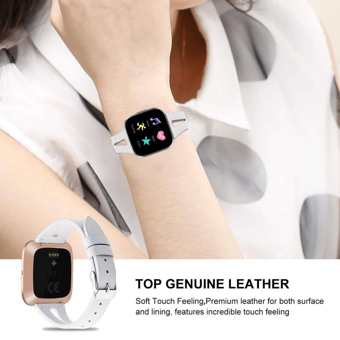 For Fitbit Versa 2 Leather Middle Opening Watch Band(White)