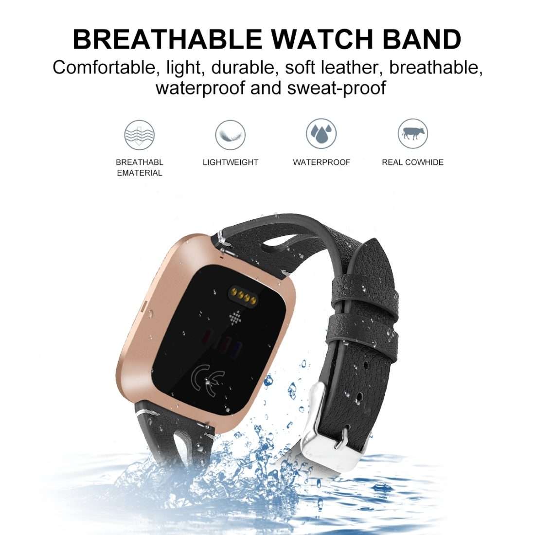 For Fitbit Versa 2 Leather Middle Opening Watch Band(Black)