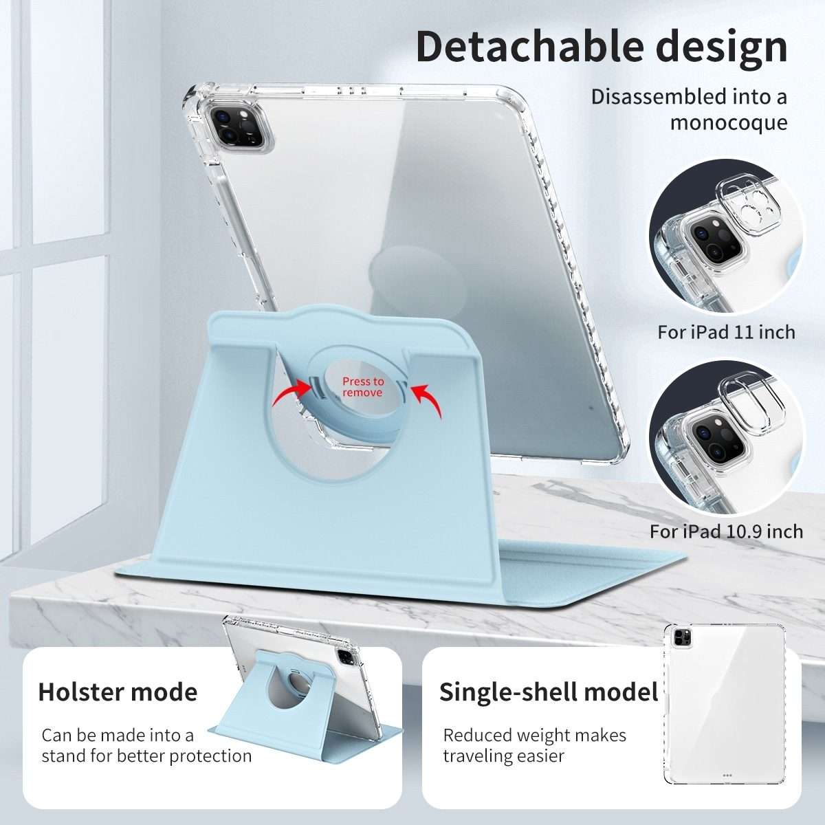 For iPad Pro 11 2025 / 2024 360 Rotation Detachable Clear Acrylic Leather Tablet Case(Ice Blue)
