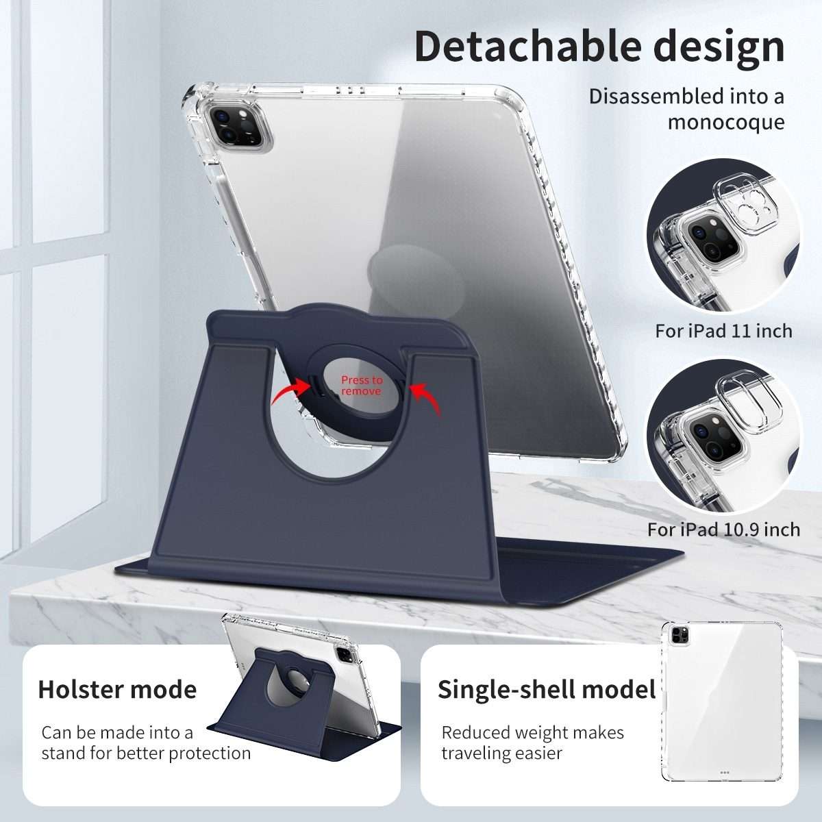 For iPad Pro 11 2025 / 2024 360 Rotation Detachable Clear Acrylic Leather Tablet Case(Dark Blue)