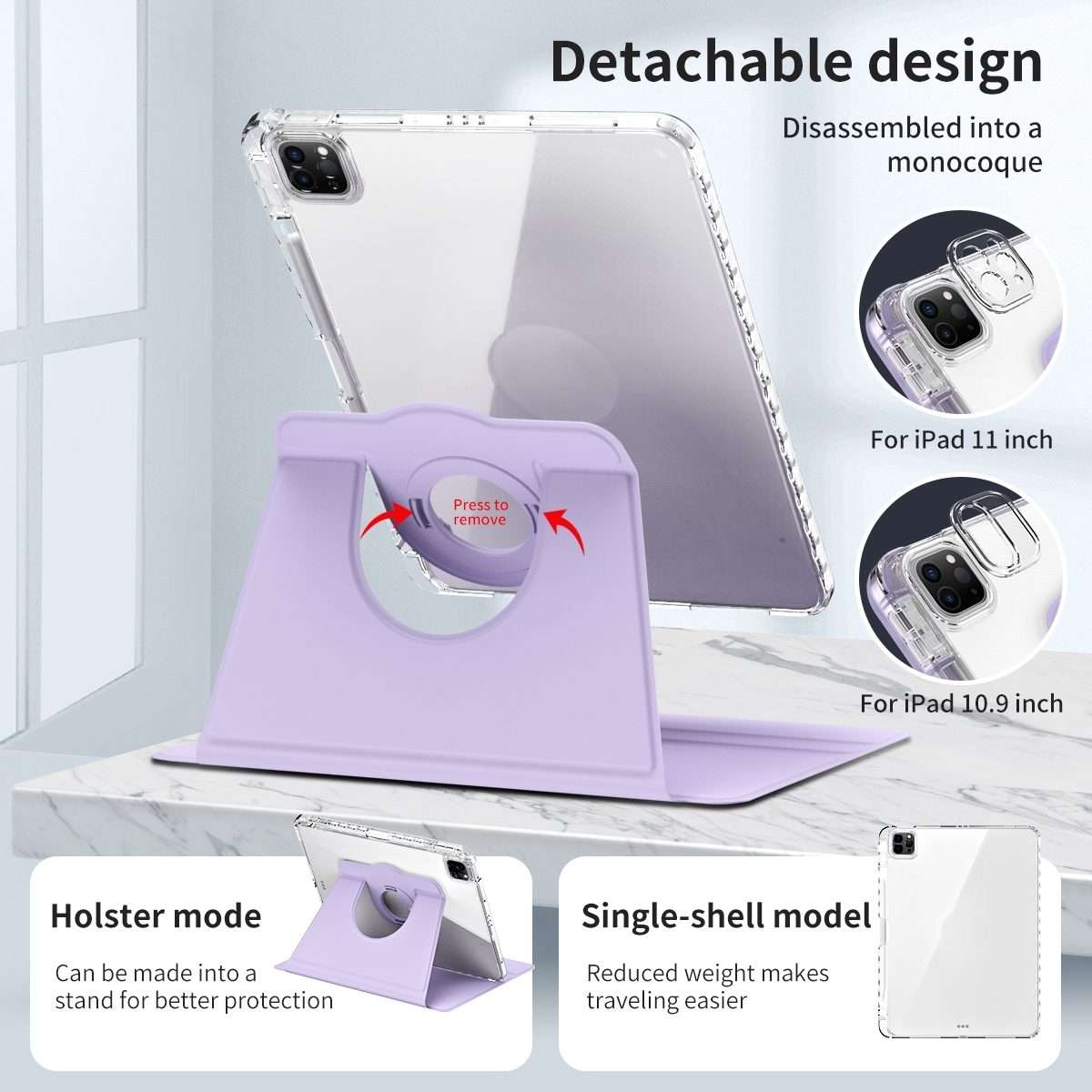 For iPad Pro 13 2025 / 2024 360 Rotation Detachable Clear Acrylic Leather Table ... (Light Purple)