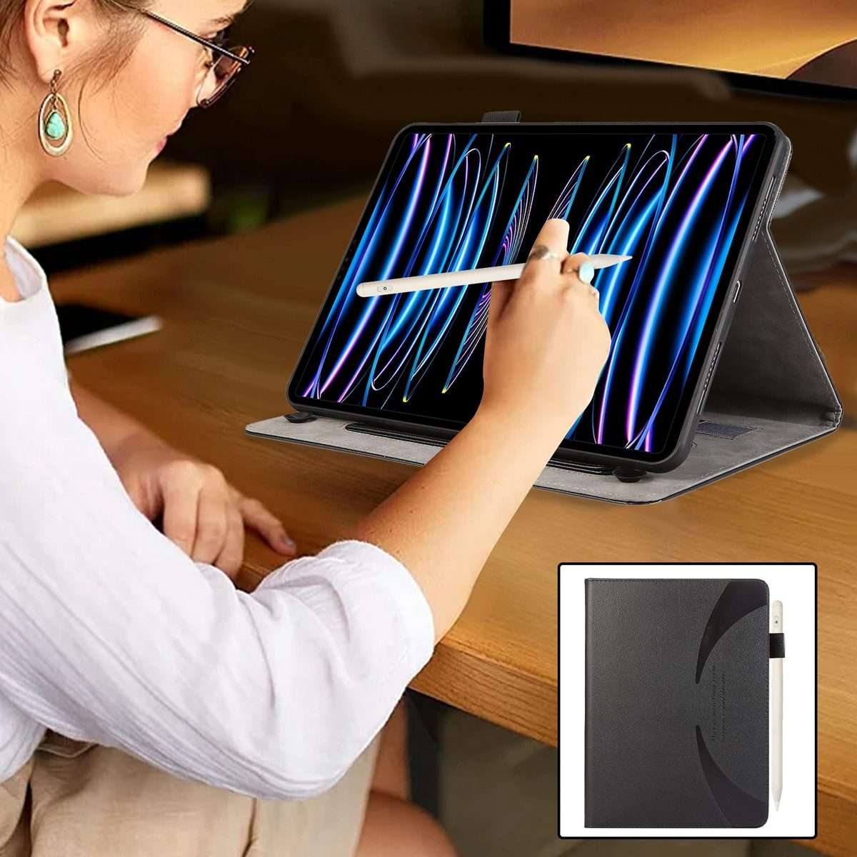 For iPad mini 6 / mini 2024 Litchi Texture Leather Sucker Tablet Case(Black)