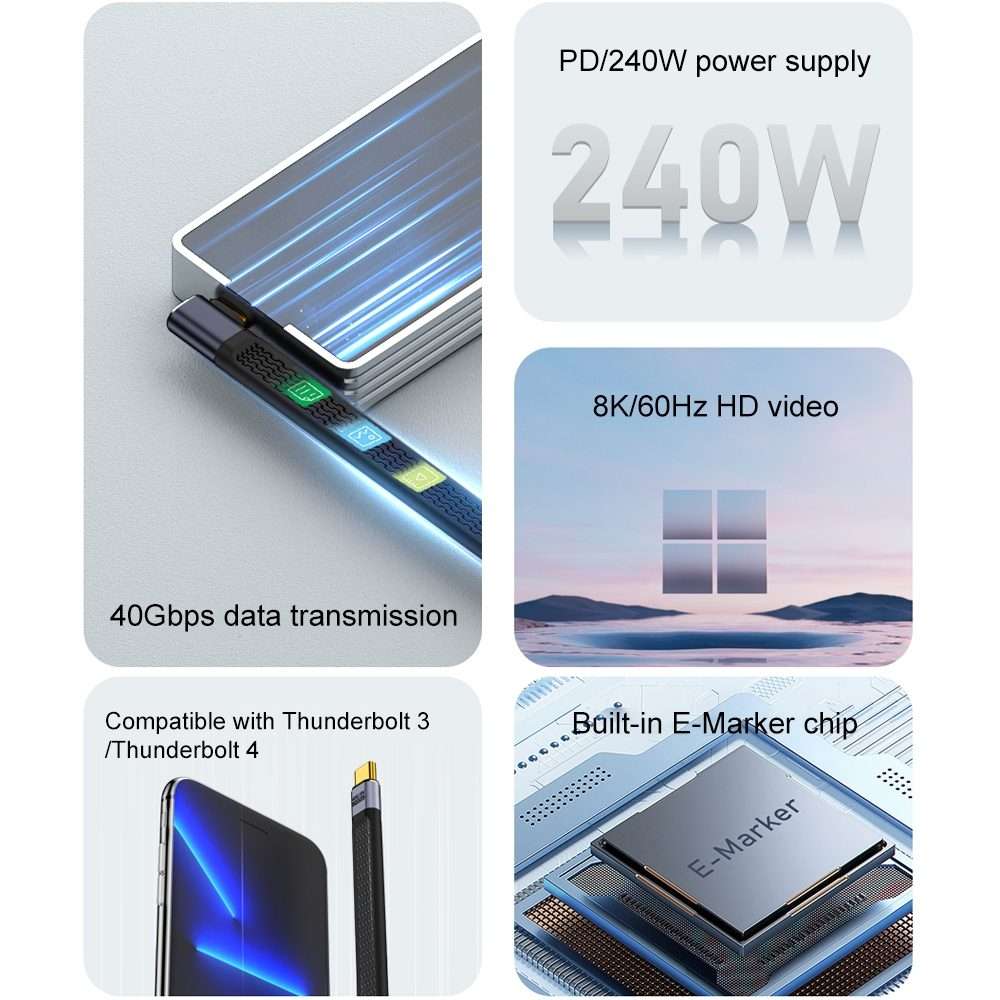 240W 40Gbps USB-C / Type-C Male to USB-C / Type-C Female Side Bend Flexible Board Data Cable