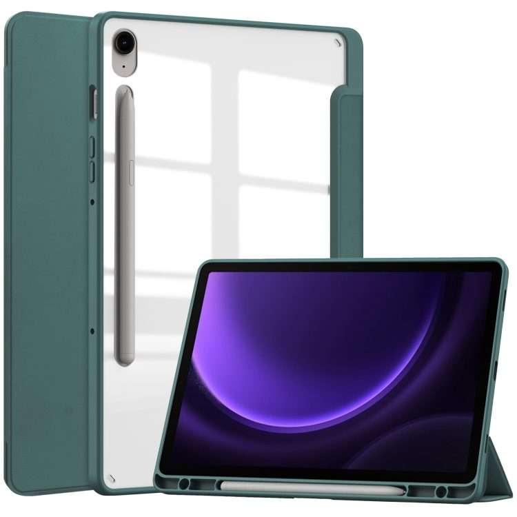 For Samsung Galaxy Tab S9 FE / S10 FE Acrylic 3-folding Smart Leather Tablet Case ... (Dark Green)