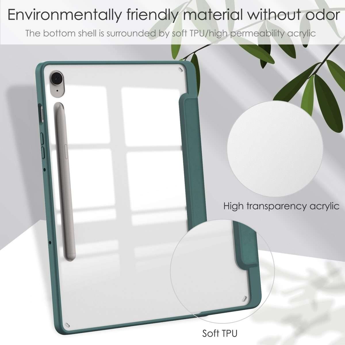 For Samsung Galaxy Tab S9 FE / S10 FE Acrylic 3-folding Smart Leather Tablet Case ... (Dark Green)