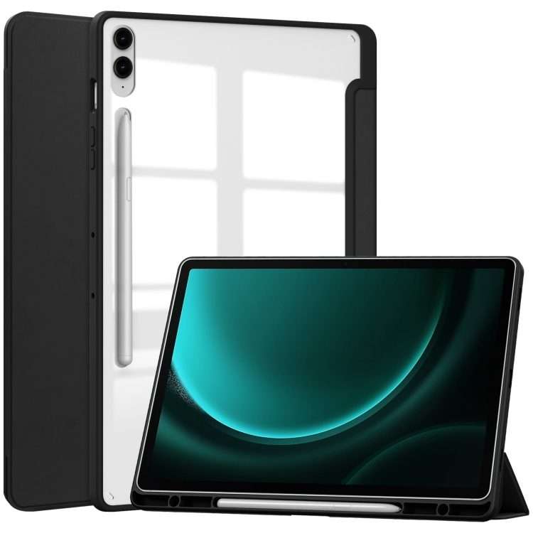 For Samsung Galaxy Tab S9 FE+ / S10+ Acrylic 3-folding Smart Leather Tablet Case with ... (Black)