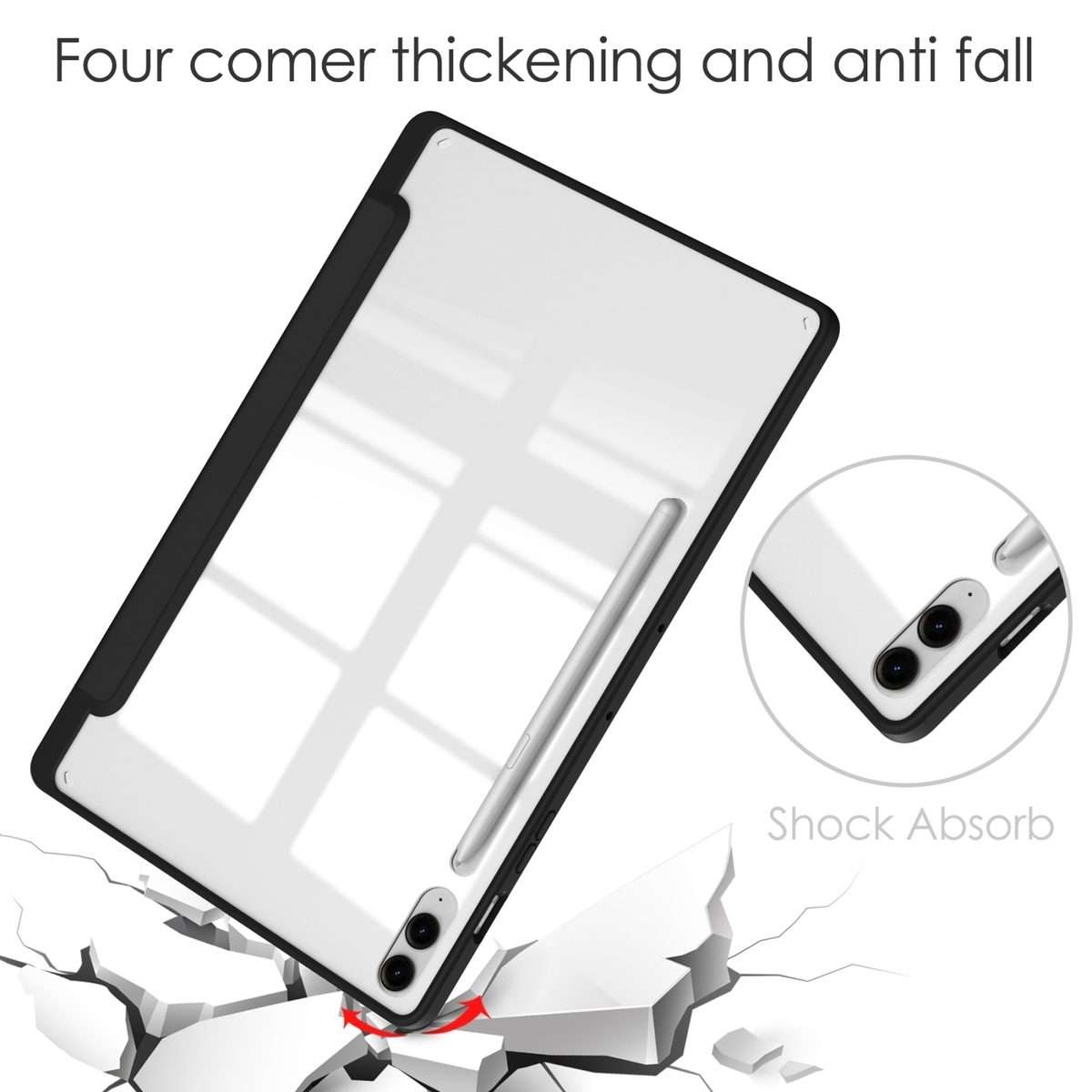 For Samsung Galaxy Tab S9 FE+ / S10+ Acrylic 3-folding Smart Leather Tablet Case with ... (Black)