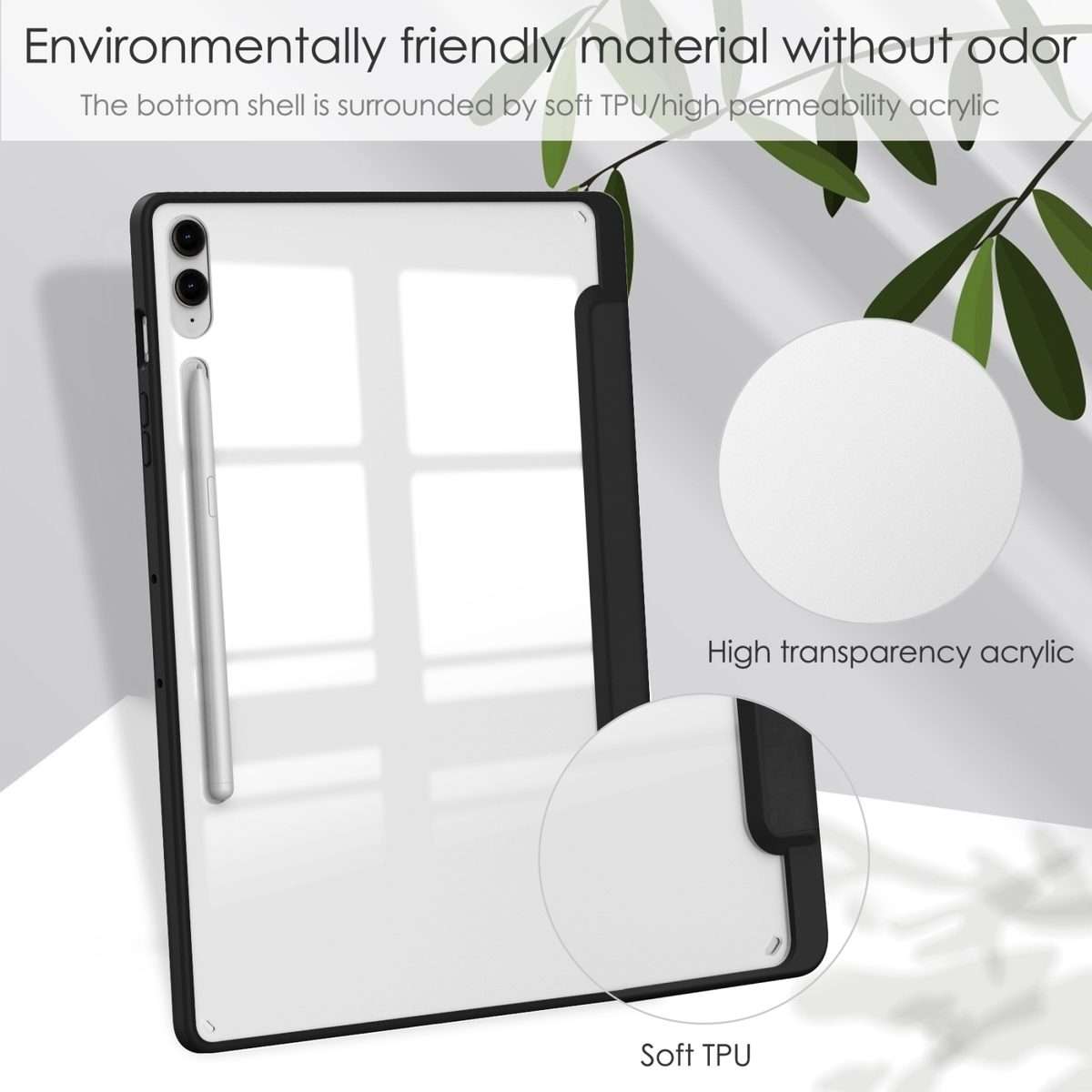 For Samsung Galaxy Tab S9 FE+ / S10+ Acrylic 3-folding Smart Leather Tablet Case with ... (Black)