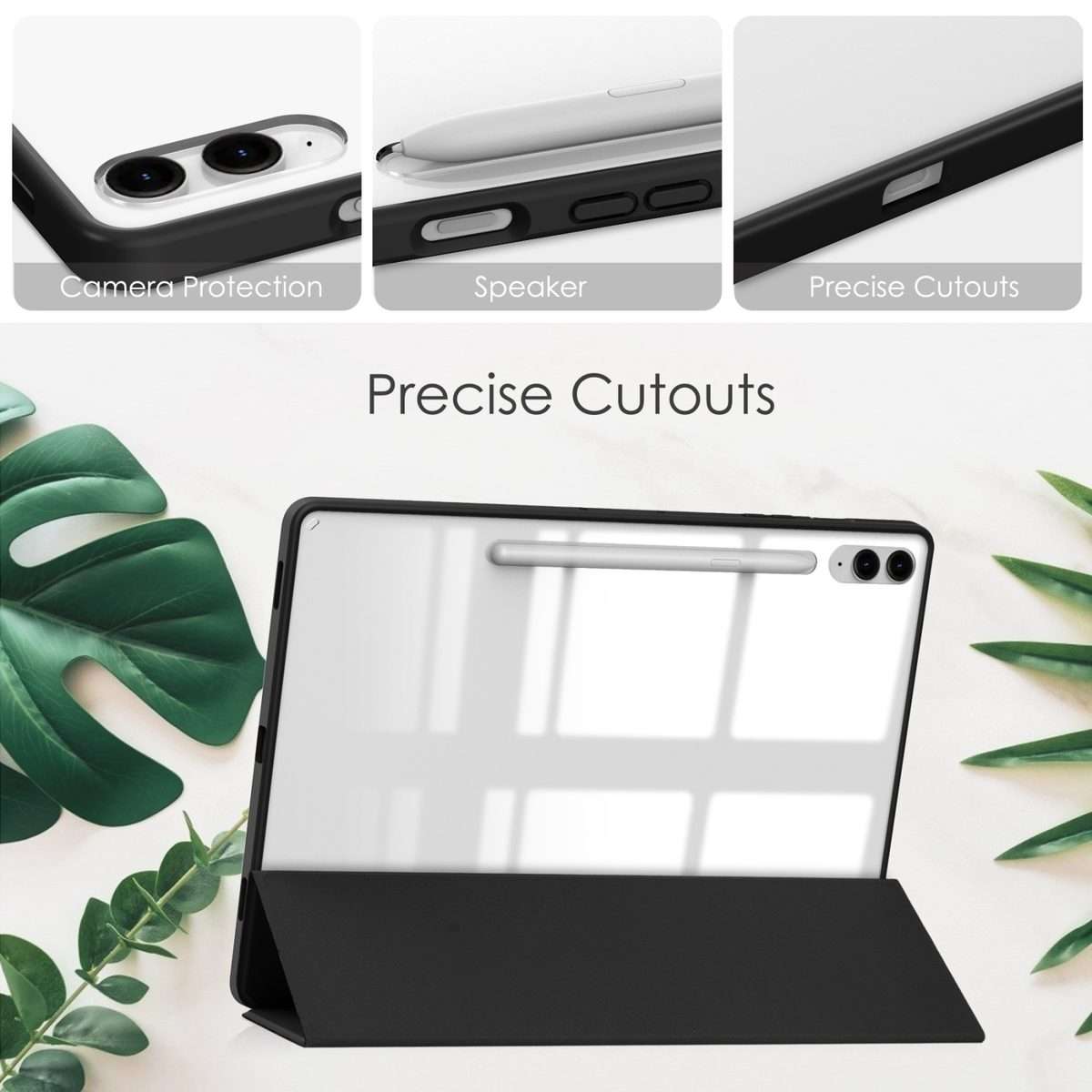 For Samsung Galaxy Tab S9 FE+ / S10+ Acrylic 3-folding Smart Leather Tablet Case with ... (Black)