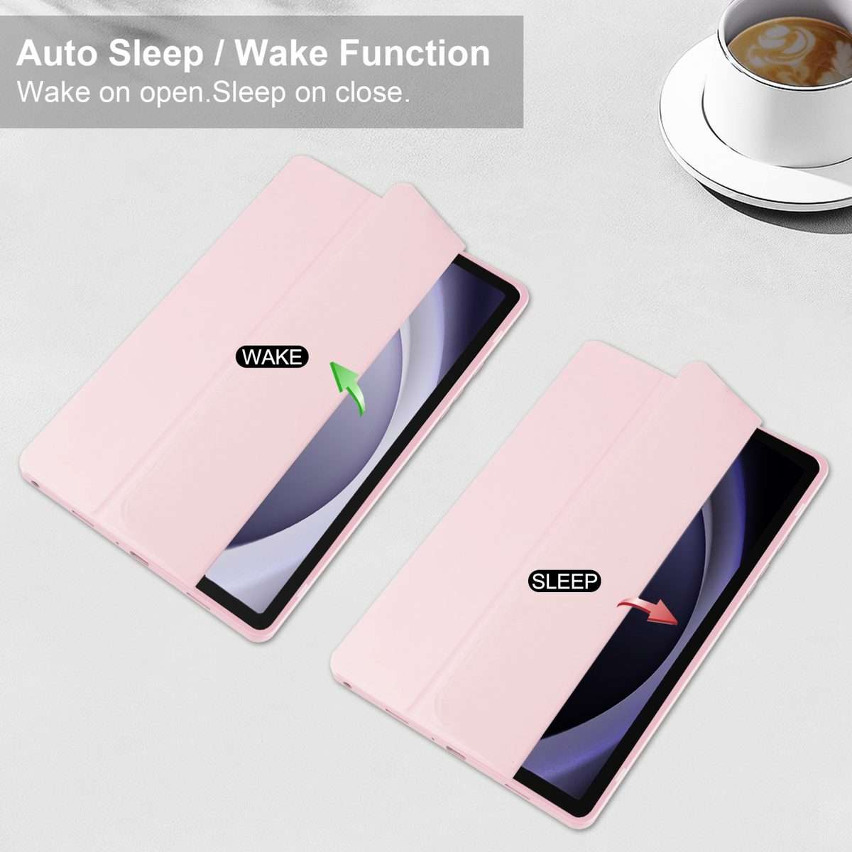 For Samsung Galaxy Tab A9+ Acrylic 3-folding Smart Leather Tablet Case with Pen Slot(Pink)