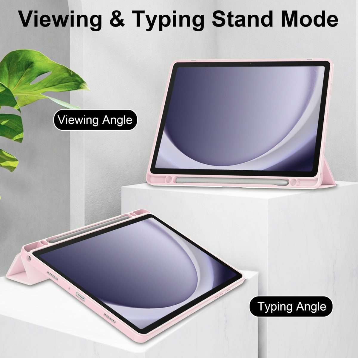For Samsung Galaxy Tab A9+ Acrylic 3-folding Smart Leather Tablet Case with Pen Slot(Pink)