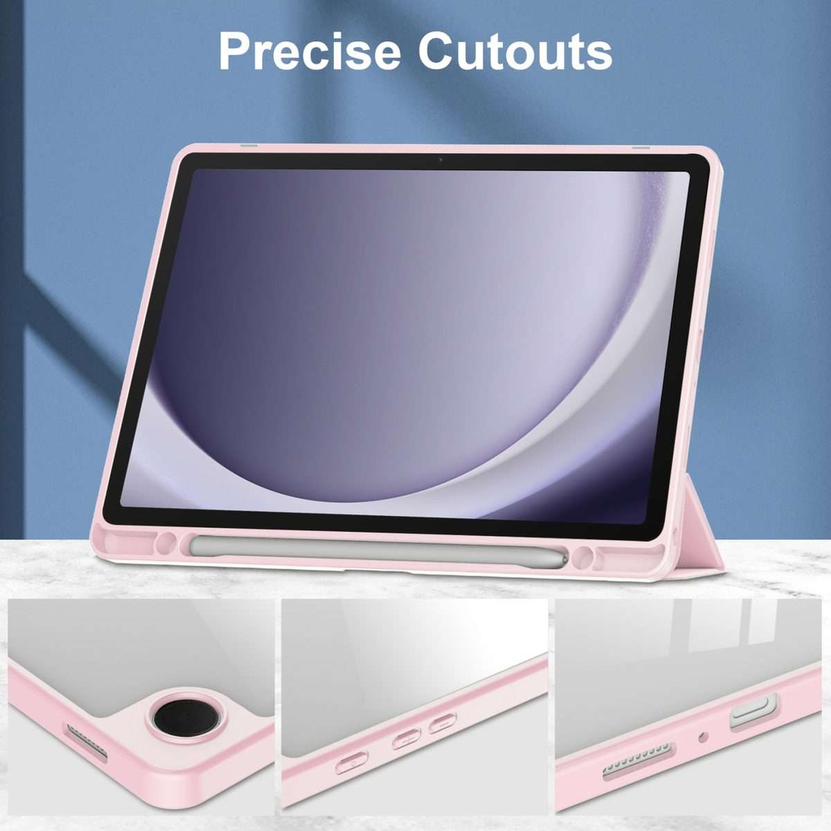 For Samsung Galaxy Tab A9+ Acrylic 3-folding Smart Leather Tablet Case with Pen Slot(Pink)